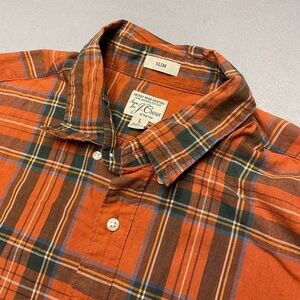 J. Crew Secret Wash Shirt L Large Slim Fit Stretch Organic Cotton Orange Plaid